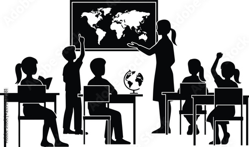 Принти на полотні Teacher instructing students in a classroom with a world map education learning