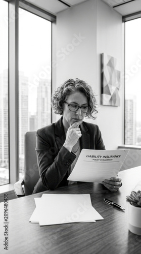 Professional Woman Reviewing Liability Insurance Document In Modern Office