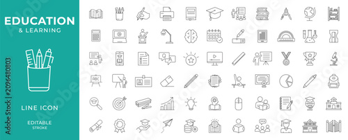 Education line editable icons set. School icons: school subjects, supplies, science, and online learning Vector illustration in modern thin line style