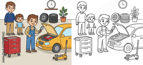Schilderij op canvas mechanic inspecting a family car community helper lifestyle cartoon clipart and