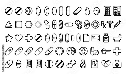 Photos Medical Pill and Capsule Icon Set with Healthcare Line Art Symbols for Pharmacy,