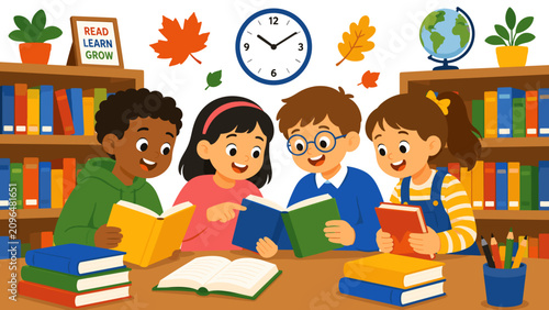 Four children read together at a wooden table. They smile brightly, showing joy and curiosity. Books, pencils, and a clock surround them. Shelves hold colorful volumes and potted plants
