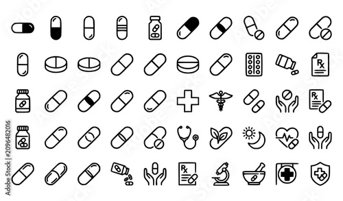 Tableau sur toile Medical Pill and Capsule Icon Set with Healthcare Line Art Symbols for Pharmacy,