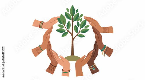 Hands from diverse indigenous communities forming a protective circle around a young tree for unity and sustainability