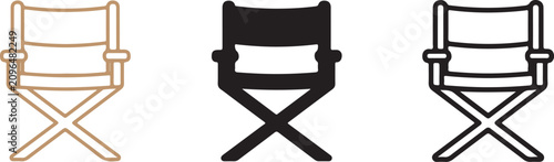Set of three minimalist folding chair icons featuring different artistic styles including outline linear and solid black silhouettes on white background