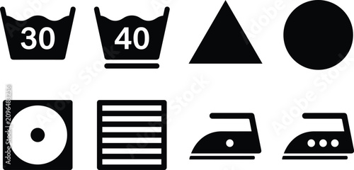 Canvastavla Laundry care instructions vector black silhouette icon set with textile washing
