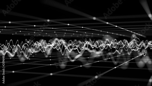 An abstract monochrome diagram of wave signals and network connections reflects the processes of information transmission in the digital environment. The minimalist composition emphasizes the