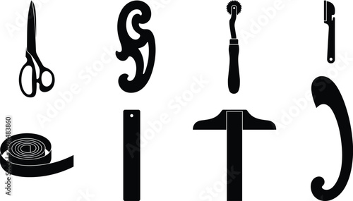 Canvastavla Tailoring and dressmaking tools vector black silhouette icon set with vertical o