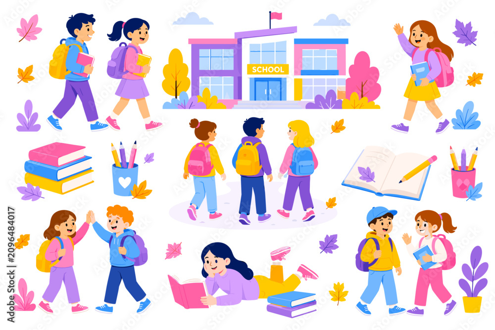 Fototapeta premium Bright cartoon kids explore school, full of joy and curiosity. Children wear colorful outfits, carrying backpacks and books. Some walk toward the school, others read or chat happily