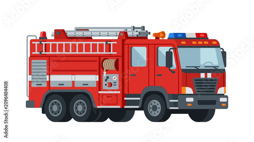 Bild auf Leinwand Red Fire Engine Truck Flat Vector Illustration With White Background