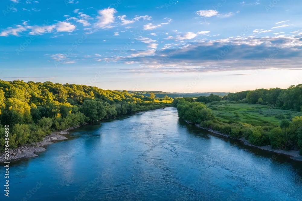 Fototapeta premium Beautiful aerial view of a calm river flowing through lush green forest beneath a blue sky with scattered clouds, showcasing a peaceful natural landscape.