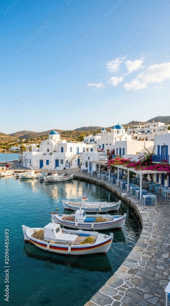 Fototapeta premium Traditional white village and fishing boats in a coastal harbor