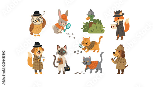 Cute cartoon animal detective vector set featuring smart fox dog cat owl and rabbit investigators searching for secret clues