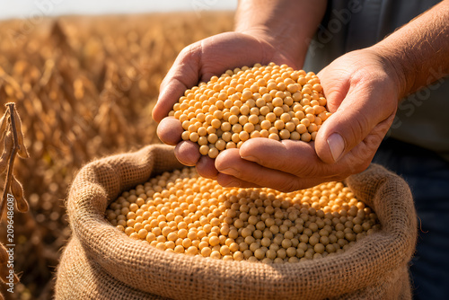 Farmer hands scooping ripe soybeans from burlap sack in harvested field, showing abundance and crop yield