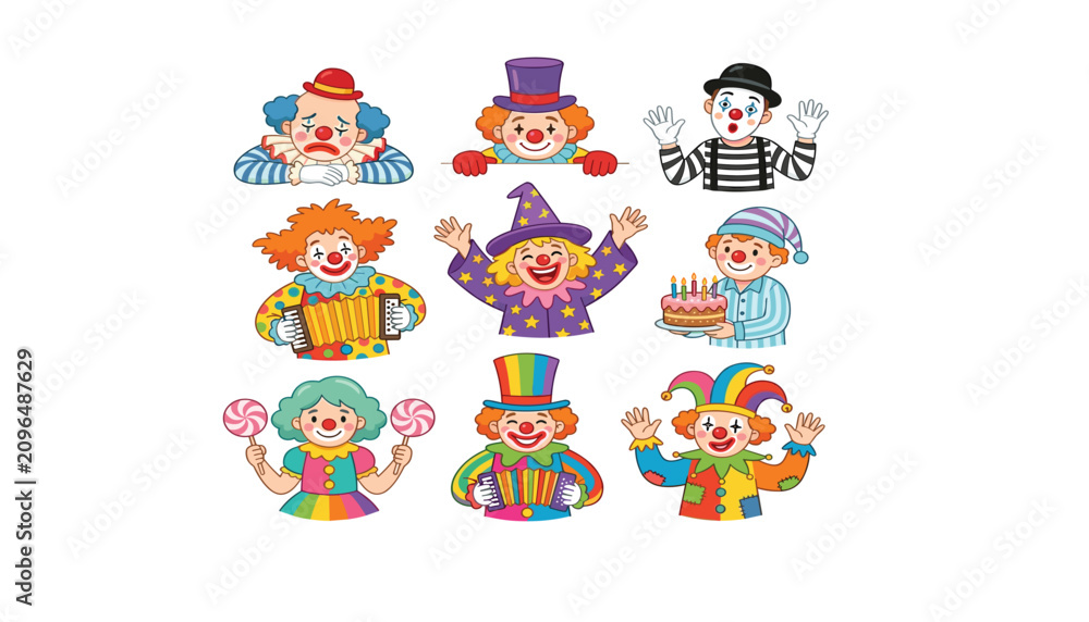 Fototapeta premium Cute cartoon circus clown vector set featuring funny mime accordion player wizard and birthday characters with lollipop cake