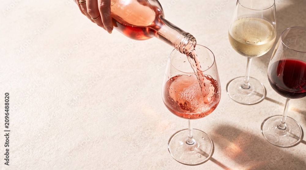 Obraz premium Rose Wine Pour: A hand elegantly pours rosy rosé wine into a crystal glass, alongside glasses of white and red wine, suggesting a sophisticated wine tasting experience.
