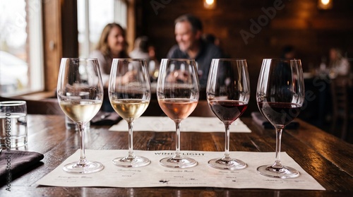 Wine Tasting Experience: A curated selection of five wine glasses, showcasing white, rosé, and red varieties, are artfully arranged on a wooden table.