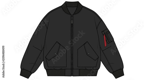 Photos Black bomber jacket illustration flat vector graphic with red accent details