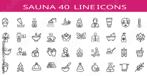 Fotografía Sauna line icons set with steam bath relaxation, wooden room equipment, thermal wellness & more vector illustration with editable stroke
