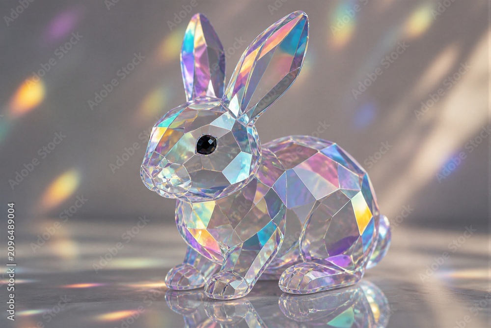 Obraz premium A crystal rabbit is placed on a table in a bright room. The sunlight passes through and creates colorful reflections on the surface. The scene looks lively and vibrant.