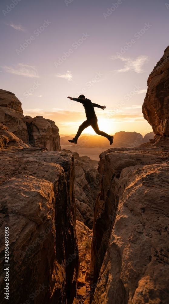 Obraz premium Man jumping across rocky mountain gap at sunset