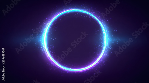 Glowing Circle Ring Blue Purple Neon Light Particles Energy Magic Portal Abstract Futuristic Dark Background