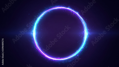 Glowing Circle Ring Blue Purple Neon Light Particles Energy Magic Portal Abstract Futuristic Dark Background
