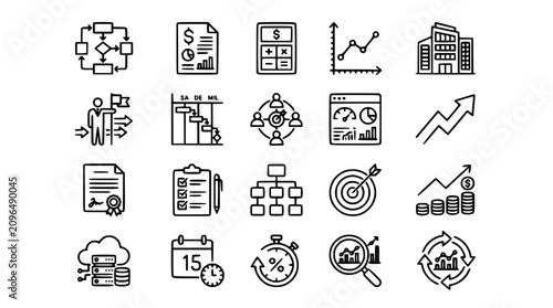 Business management and data analytics line icon set vector illustration featuring financial growth strategic planning and corporate workflow symbols