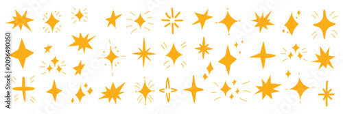 Doodle sparkle star icon collection. Golden Hand drawn twinkle blink firework glitter light ray flash symbol. Celebration glowing shining element set for comic collage poster card banner sticker