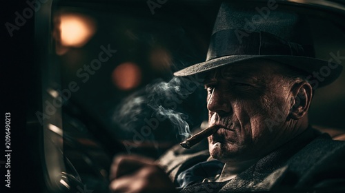 Mafia man smoking in his car, capturing the essence of a classic cinematic scene