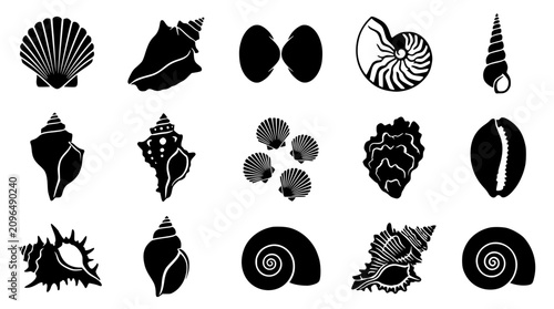 Bild auf Leinwand Sea shell black silhouette element collection with tropical ocean scallop conch