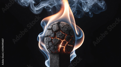 Burning charcoal on wooden stick smoke black background macro closeup fire ember ash