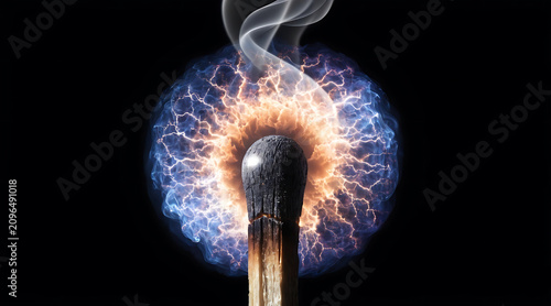 Burning match with smoke and electric energy on black background