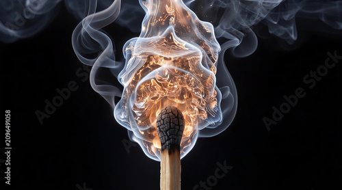 Burning match close up with smoke and flame on black background