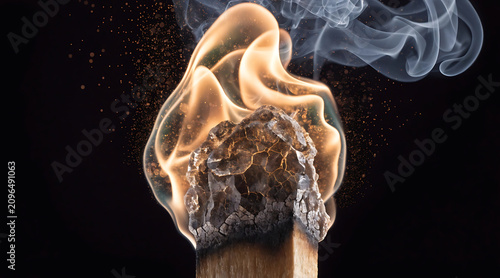 Fire match flame smoke closeup matchstick burning ember spark heat ignition danger wood
