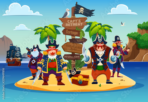 Foto Cartoon pirate captain and crew sailors characters standing on small Caribbean island