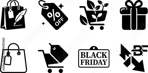 Essential retail shopping symbols showcasing diverse bag and cart designs for modern commerce promotion