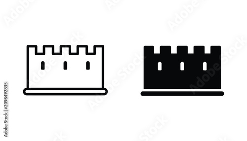 Castle wall vector icon isolated on white Black and white outline line art and solid glyph silhouette