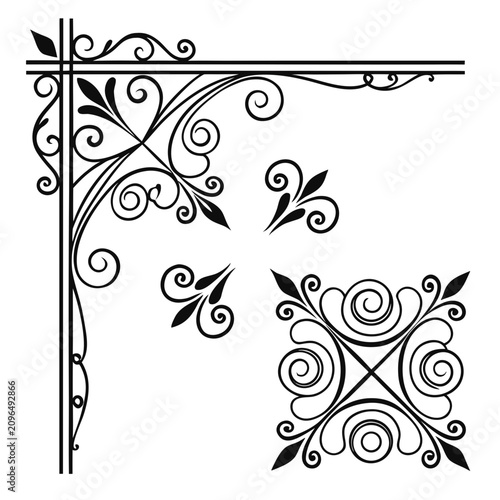 Decorative antique corner border elements set classic ornate scrollwork with floral leaf and swirl design vintage frame black silhouette vector illustration.