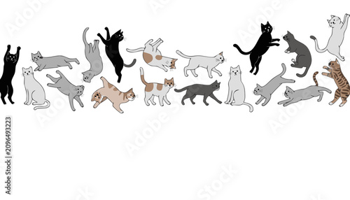 Cute cats horizontal border pattern. Playful kittens collection in a flat vector illustration.