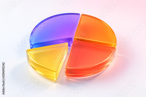 Colorful 3d glass pie chart with separated slices on white background