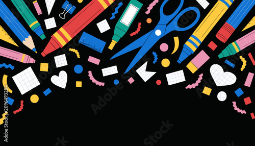 School supplies pattern on black background. Colorful stationery icons for creative projects.