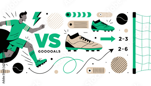 Soccer player scoring a goal. Dynamic football match illustration with sports equipment icons.