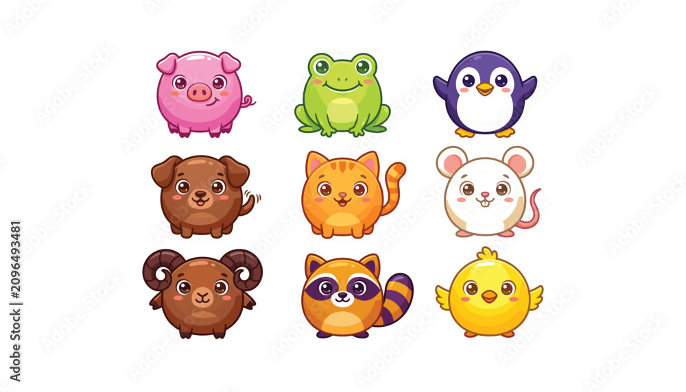 Obraz premium Cute round cartoon animal characters set with pig frog penguin dog cat mouse ram raccoon and chick vector illustrations