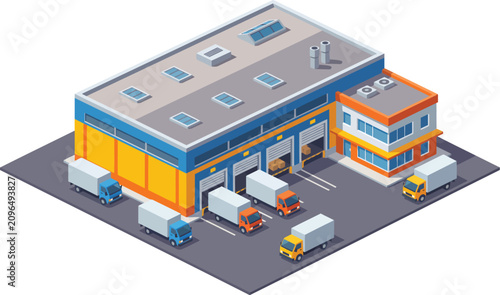 Isometric warehouse building logistics center with delivery trucks