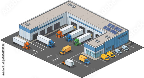 Isometric warehouse logistics center with delivery trucks