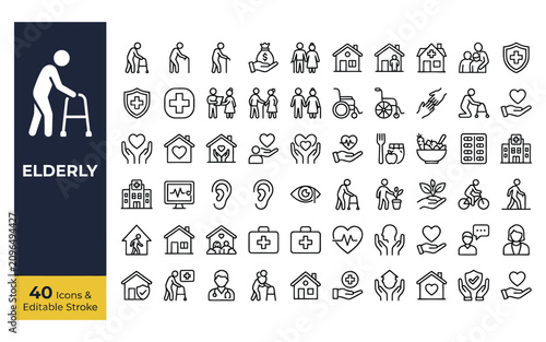 Elderly care and nursing home services line icons set featuring senior citizens assistance medical healthcare and retirement support symbols