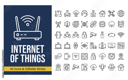 Internet of things, smart home, and connected devices line icon set with editable stroke