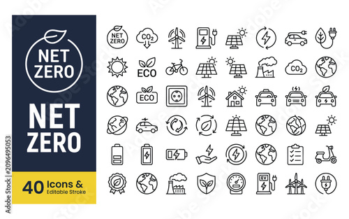 Net zero, sustainability, and renewable energy line icon set with editable stroke