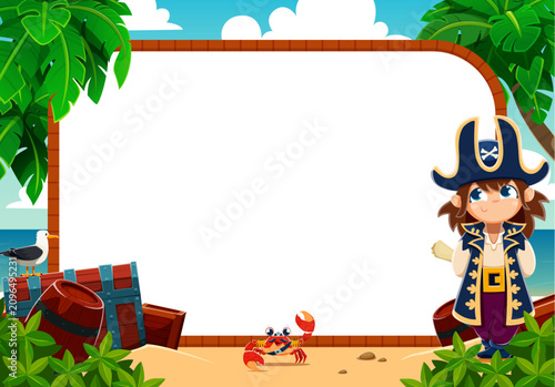 Fotografi Cartoon funny kid pirate and crab corsair with rope frame and treasure chest on tropical island